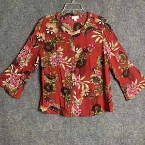 J Jill Scarlet Rose Garden Button Up Shirt Sz S Petite Rayon 3/4 Sleeve W/ Flare